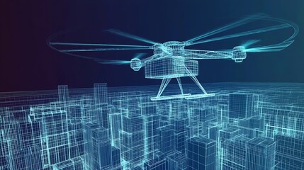 Aufkleber - Cutting edge drone technology taking flight over a wireframe city indicating future transport systems : Generative AI