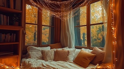 Poster - Inviting lounge area with soft textures and glowing lights against autumn backdrop : Generative AI
