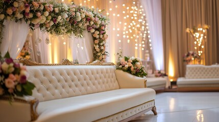 Poster - Charming Wedding Venue Setup with Elegant Floral Arrangements and Cozy Seating : Generative AI