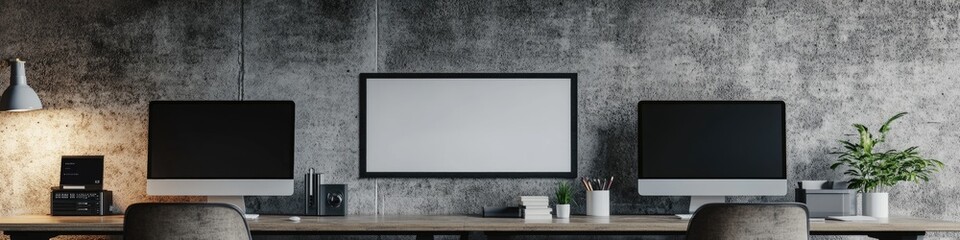  - Two computer monitors placed on a wooden desk, suitable for office or study settings