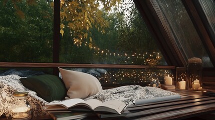 Poster - Elegant reading area with plush cushions, candles, and beautiful autumn scenery visible through the glass : Generative AI