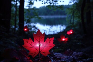 Poster - A solitary red maple leaf rests on the forest floor, surrounded by lush greenery and trees