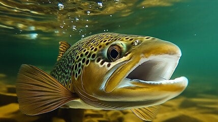 Aufkleber - Vibrant underwater close up of a brown trout with striking patterns and clear water background : Generative AI
