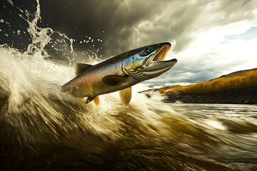 Aufkleber - Energetic fish leaps from rushing river creating waves with a dramatic sky overhead : Generative AI