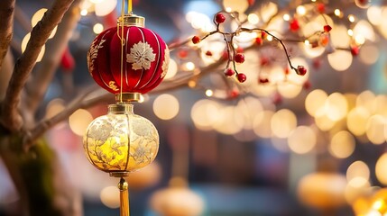 Poster - Beautiful traditional lanterns adorned with intricate patterns for festive celebrations in a vibrant atmosphere : Generative AI