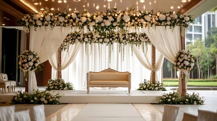 Poster - Gorgeous wedding altar adorned with flowers and drapes creating a romantic atmosphere for a fairy tale ceremony : Generative AI