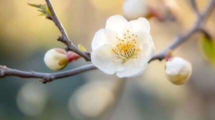 Poster - Delicate white flower blooming on a tree branch in soft golden sunlight symbolizing the arrival of spring : Generative AI