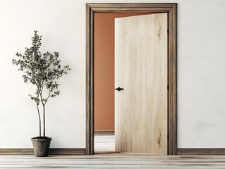 Fototapete - Elegant wooden door with a sleek design set against a textured wall featuring a potted plant enhancing the aesthetic : Generative AI
