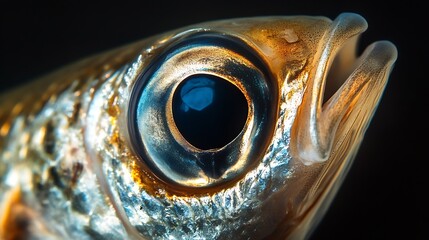Leinwandbilder - Macro shot of a fish revealing its striking eye and reflective scales in an underwater setting : Generative AI