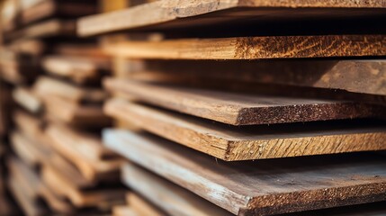 Poster - Stacked wooden boards showing texture and natural grains in a carpentry workshop setting : Generative AI