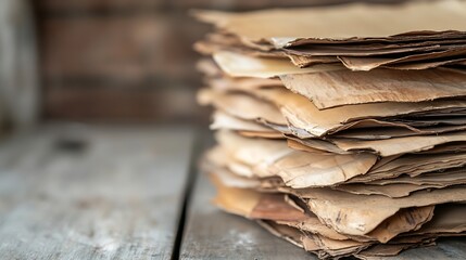 Aufkleber - Stack of aged papers on rustic wooden surface showcasing vintage texture and historical interest : Generative AI