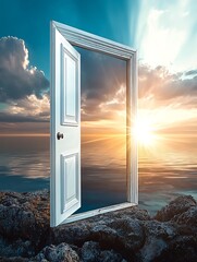 Poster - Charming door standing on rocks overlooking tranquil water reflecting dramatic sunset : Generative AI