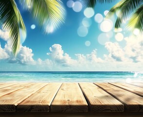 Wall Mural - Charming tropical beach with gentle ocean waves and a vibrant sky filled with fluffy clouds framing a wooden deck : Generative AI