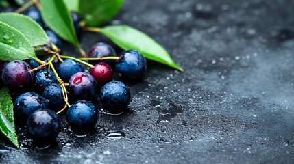 Aufkleber - Fresh blueberries with vibrant green leaves and droplets on dark surface creating an appealing fruit composition : Generative AI