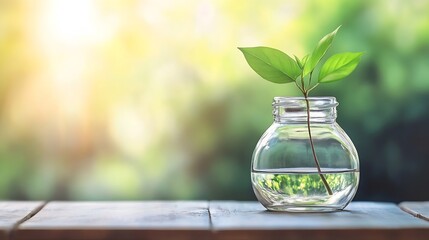 Aufkleber - Vibrant Green Leaf in Glass Jar with Water on Wooden Table Surrounded by Nature's Serenity : Generative AI
