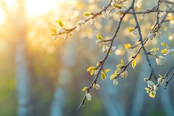 Aufkleber - A detailed view of a tree branch adorned with small white flowers, perfect for use in designs about nature, seasons, or botanical themes
