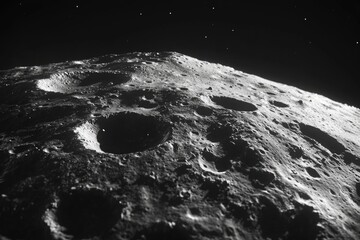 Poster - A grayscale image of the moon's surface with craters and mountains visible