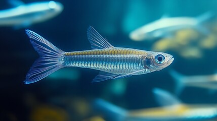 Leinwandbilder - A close-up view of a solitary transparent fish displaying intricate fin details in a serene aquatic setting : Generative AI