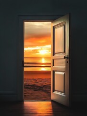 Wall Mural - Stunning golden sunset framed by an open door leading to a tranquil beach view : Generative AI