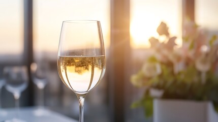 Poster - Elegant glass of sparkling wine in a bright setting with beautiful floral decor : Generative AI