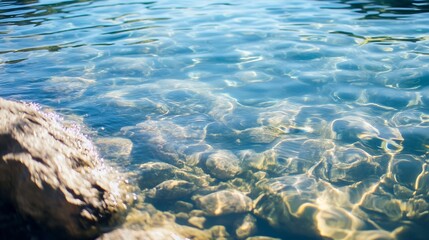 Fototapete - Closeup view of serene water surface with shimmering light reflections on stones : Generative AI