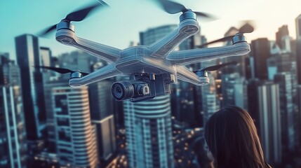 Aufkleber - Close-up of a high-tech drone with a camera flying in a modern urban environment during sunset : Generative AI