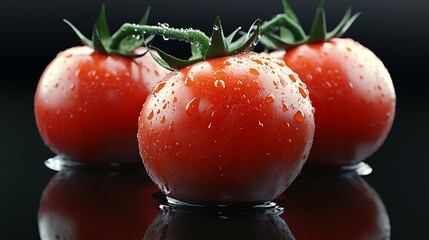 Poster - Three Vibrant Red Tomatoes with Raindrops on a Shiny Surface : Generative AI