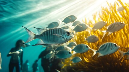 Aufkleber - Majestic Underwater School of Fish Swimming Among Colorful Coral with Divers in the Background : Generative AI
