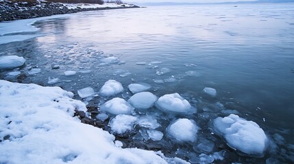 Poster - Tranquil winter shoreline with frozen ice formations and a peaceful water edge during a serene cold morning : Generative AI