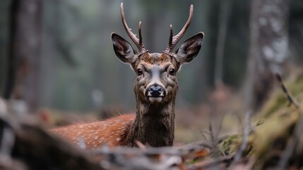 Poster - Majestic deer standing quietly in a dense forest showcasing its antlers amidst the tranquility of nature : Generative AI
