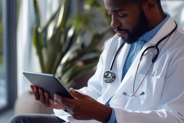 Poster - scientist working on tablet in laboratory setting, suitable for medical or educational use