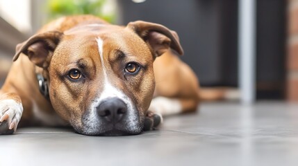 Poster - Adorable Dog Lying Relaxed on the Floor with a Calm Expression in a Cozy Setting : Generative AI