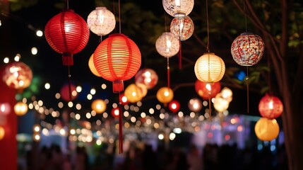 Poster - Colorful Chinese lanterns beautifully lit at night creating a vibrant and festive atmosphere : Generative AI