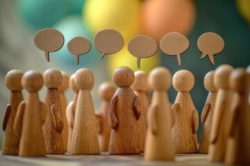 Poster - A group of wooden figures with colorful speech bubbles above them