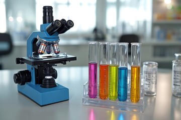 Poster - A close-up view of a microscope with test tubes on the adjacent table
