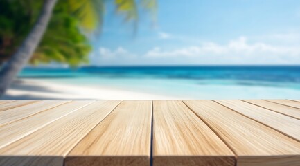 Aufkleber - Beautiful sandy beach with turquoise water and blue sky viewed from a wooden surface : Generative AI