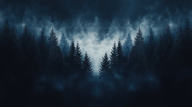 White pine forest, digital art style, dark background, monochrome color scheme, brush strokes, symmetrical composition