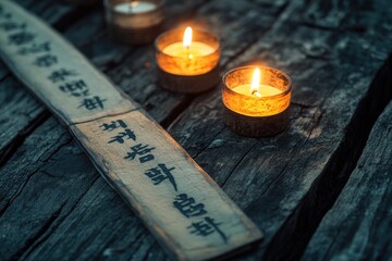 Aufkleber - A group of candles placed on a wooden table, providing warm lighting