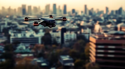 Poster - A sleek drone flying over a metropolitan skyline capturing stunning aerial views at dusk : Generative AI