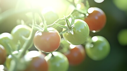 Wall Mural - Fresh ripe and unripe tomatoes on a branch basking in sunlight showcasing vibrant colors : Generative AI