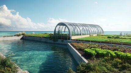 Poster - renewable energy-powered desalination farm that grows crops using seawater.