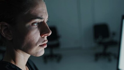 Poster - Stressed programmer working intensely during late night office hours, illuminated by glowing computer screen, revealing mental strain and professional dedication through slow motion close up