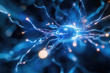 Poster - A detailed view of a cell with blue lights, suitable for illustrations on technology and science