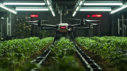 Poster - robotic farm where drones handle planting, harvesting, and crop monitoring in an automated ecosystem.