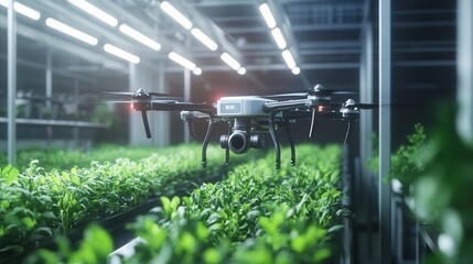 Poster - robotic farm where drones handle planting, harvesting, and crop monitoring in an automated ecosystem.