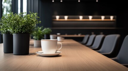 Poster - A single coffee cup sitting on top of a wooden table, great for everyday use or as a decorative item