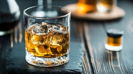 Aufkleber - Refreshing whiskey cocktail on the rocks served in elegant glass with ice cubes and bar tools in background : Generative AI
