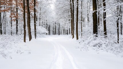 Poster - Serene Winter Pathway through Snow Covered Forest Trees with Lush White Foliage : Generative AI