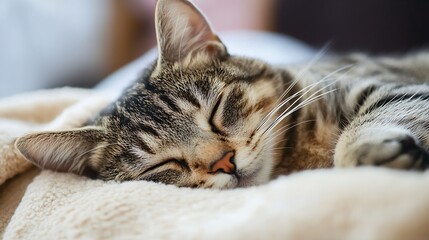 Poster - Content tabby cat sleeping peacefully on a soft blanket exudes warmth and comfort in a cozy living space : Generative AI