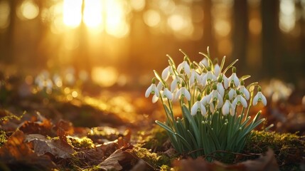 Aufkleber - A cluster of snowdrops growing in the midst of a forest, surrounded by trees and foliage